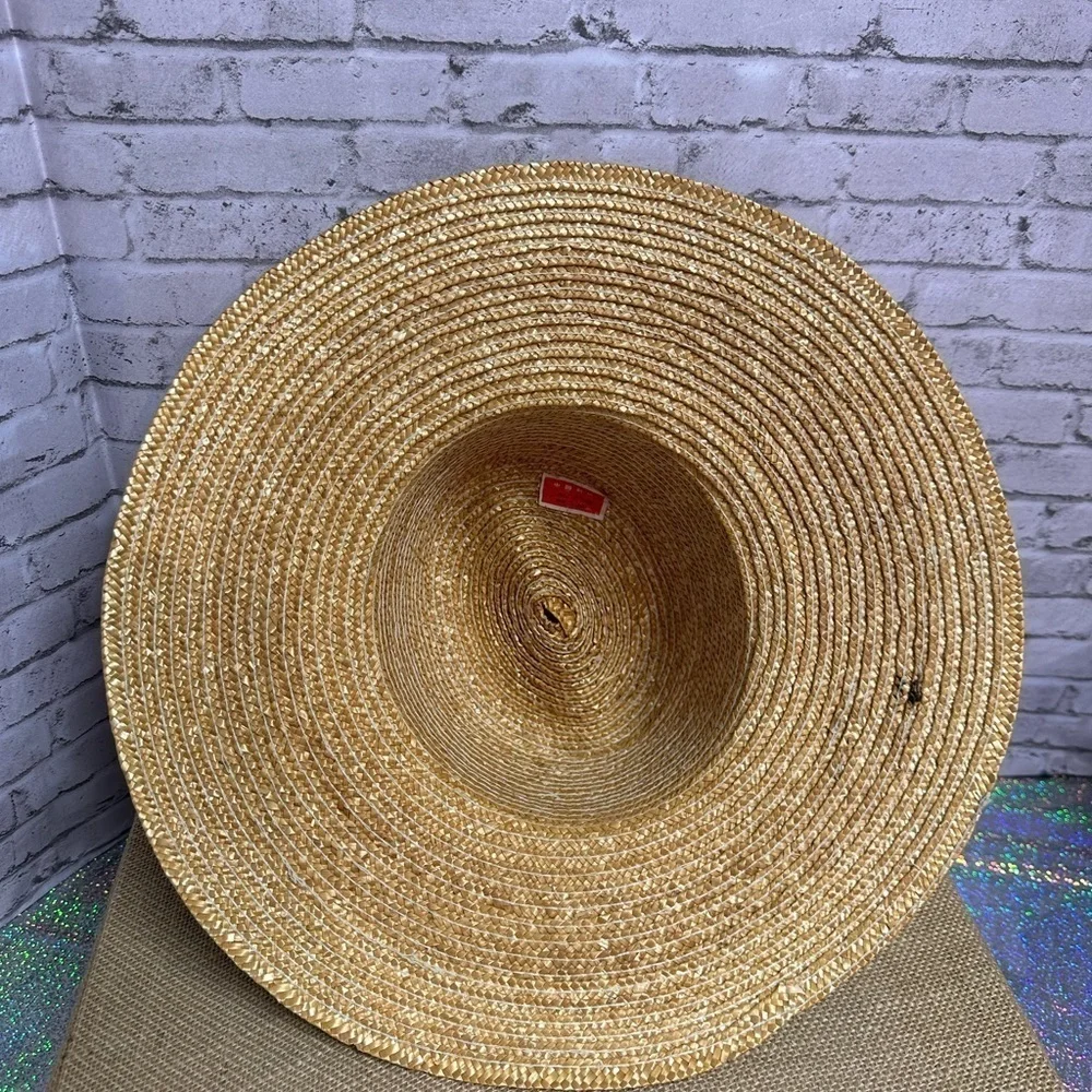 Womens Tan Straw Sun Hat Animal Print Accent Band Pearl Stick Pin Wide Brim Hat